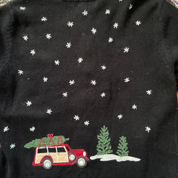 Coldwater Creek Women's Zip Up XL Christmas Sweater, Skiing, Trees, Woody Wagon, - Picture 10 of 11
